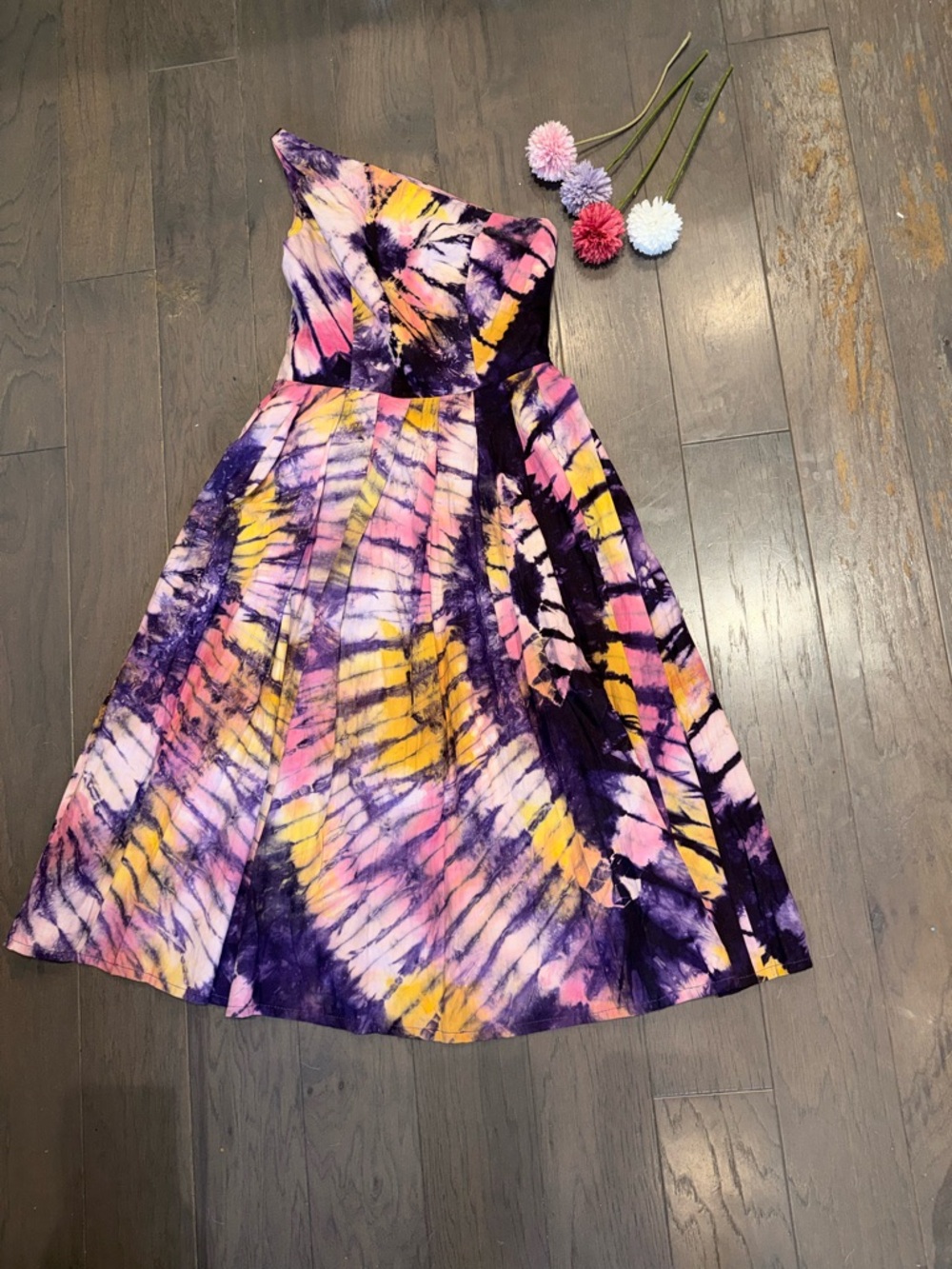 Women’s One-Shoulder Tie-Dye Dress in Purple, Pink & Yellow